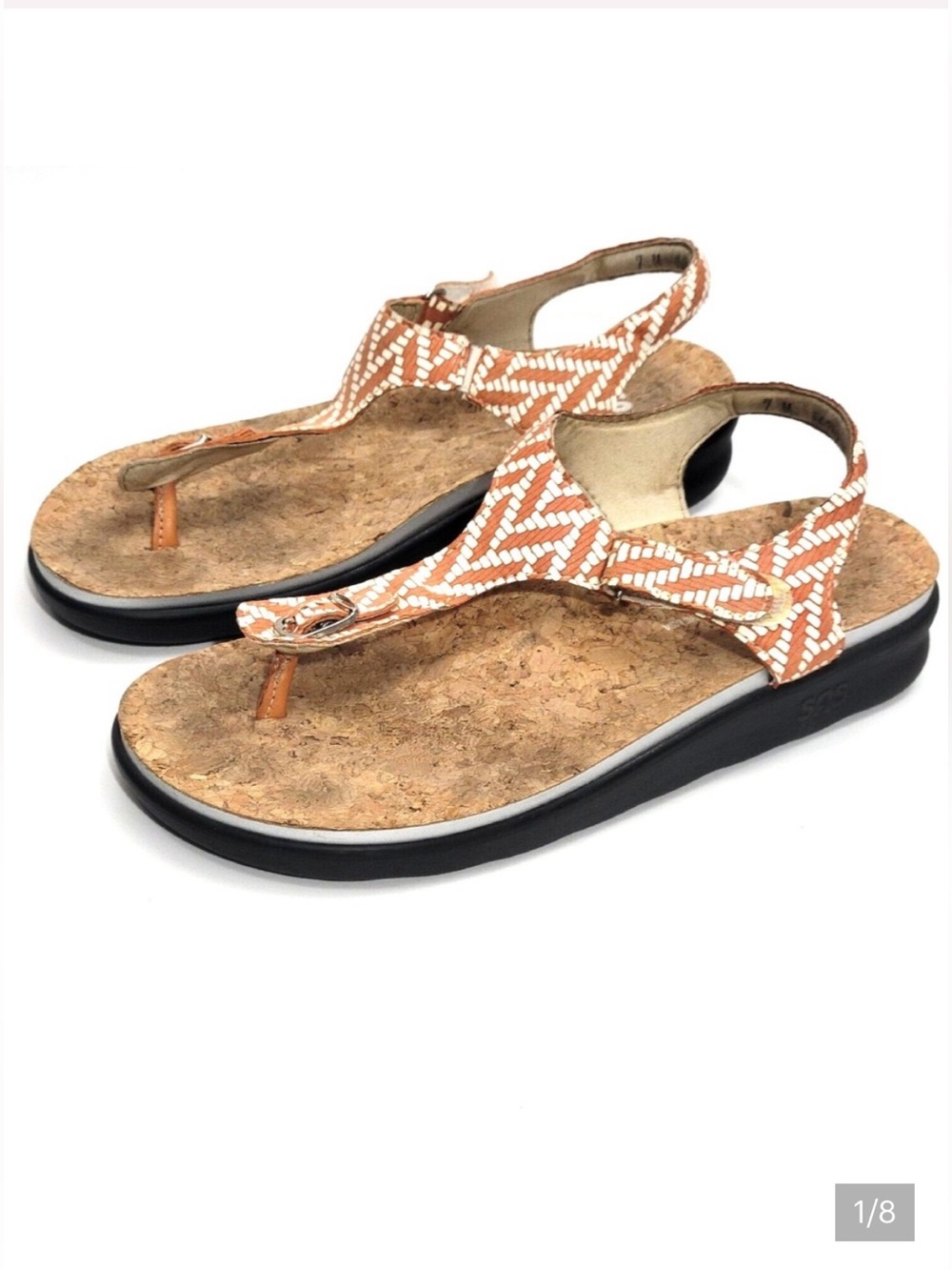 Sas Tripad Comfort  Marina T-Strap Chevron Orange Cork Thong Sandals Size 6.5